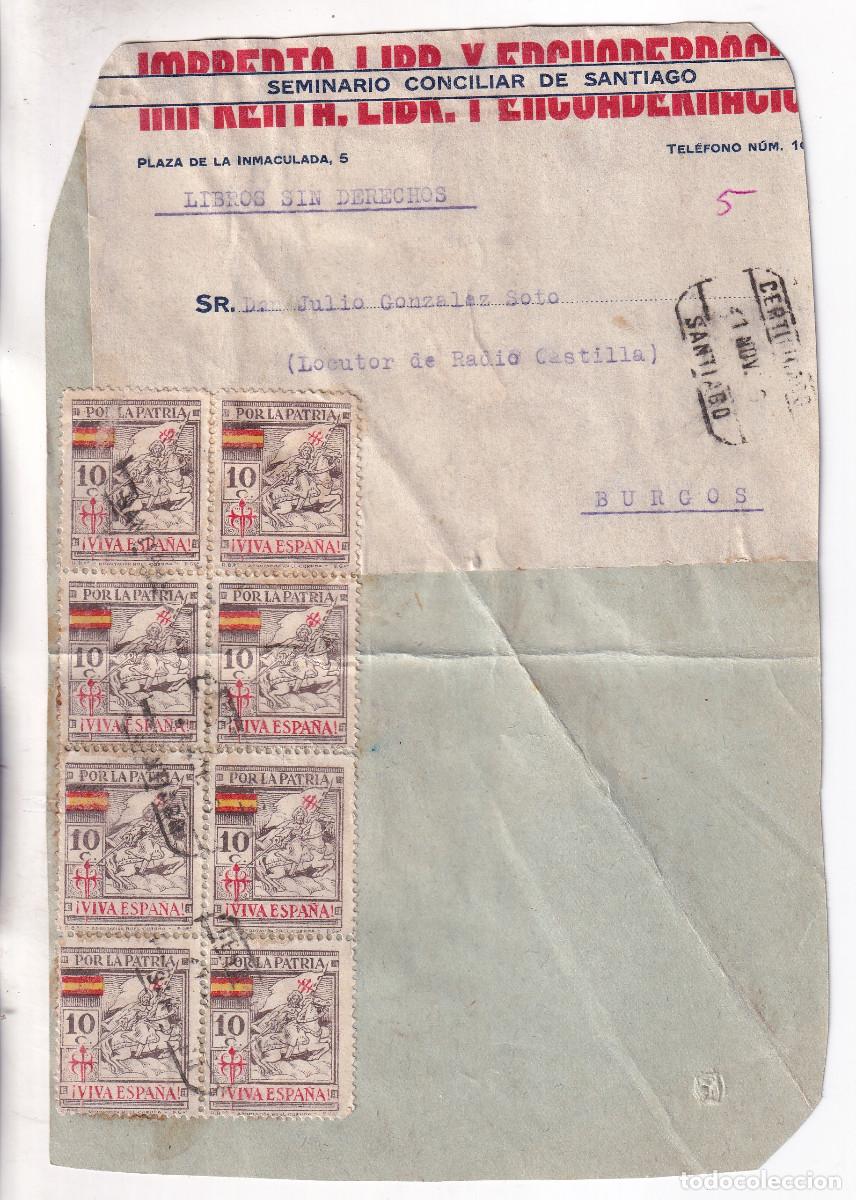 Sellos: FRENTE DE ENV&Iacute;O CERTIFICADO LIBROS SIN DERECHOS. 1936. SANTIAGO. GALICIA. A BURGOS