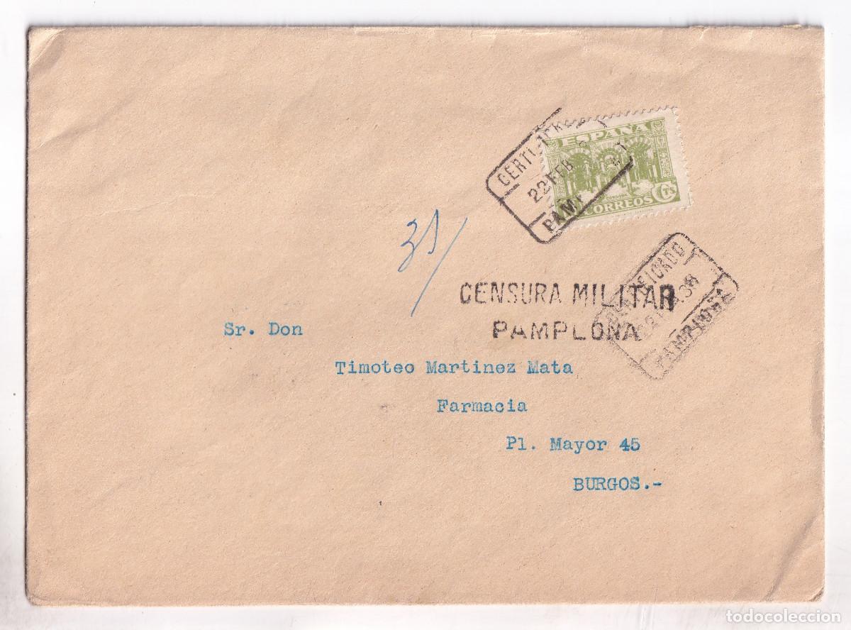 Sellos: SOBRE CERTIFICADO. PAMPLONA. NAVARRA. 1938. A BURGOS