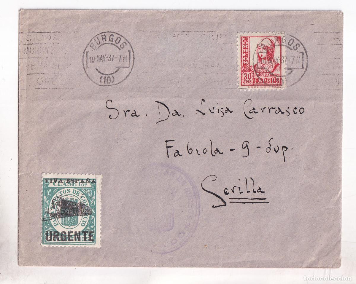 Sellos: SOBRE BURGOS A SEVILLA.1937. RODILLO. RARO PATRI&Oacute;TICO URGENTE. CENSURA MILITAR