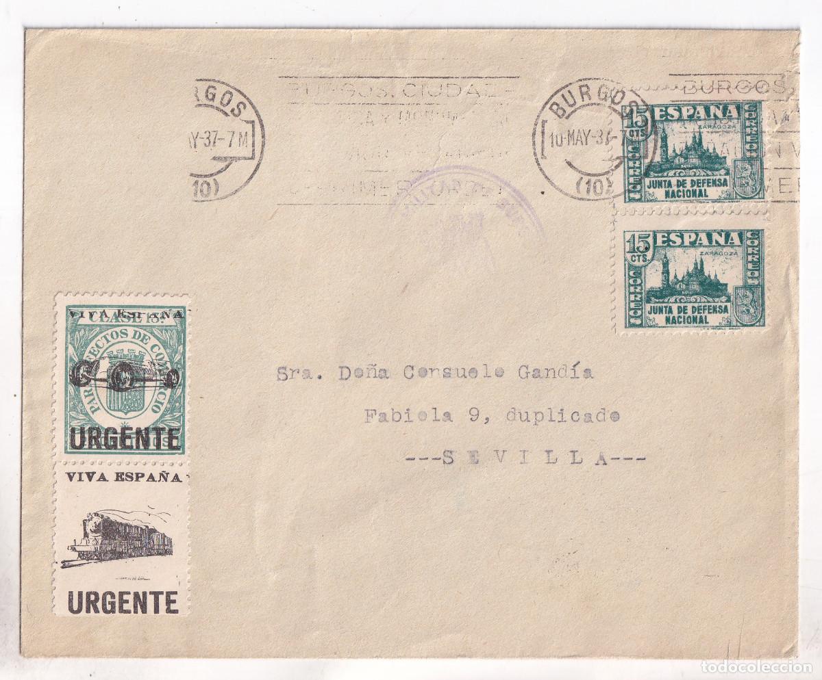 Sellos: SOBRE BURGOS A SEVILLA.1937. RODILLO. RARO PATRI&Oacute;TICO URGENTE. CENSURA MILITAR. LLEGADA