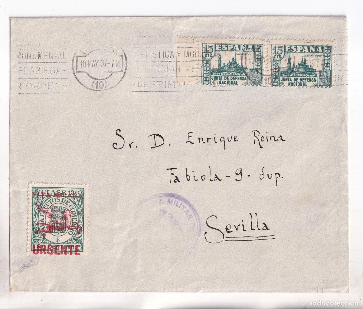Sellos: SOBRE BURGOS A SEVILLA.1937. RODILLO. RARO PATRI&Oacute;TICO URGENTE. CENSURA MILITAR. LLEGADA