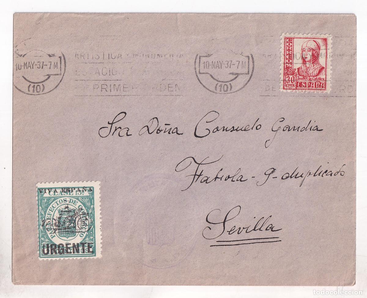Sellos: SOBRE BURGOS A SEVILLA. 1937. RODILLO. RARO PATRI&Oacute;TICO URGENTE. CENSURA MILITAR. LLEGADA