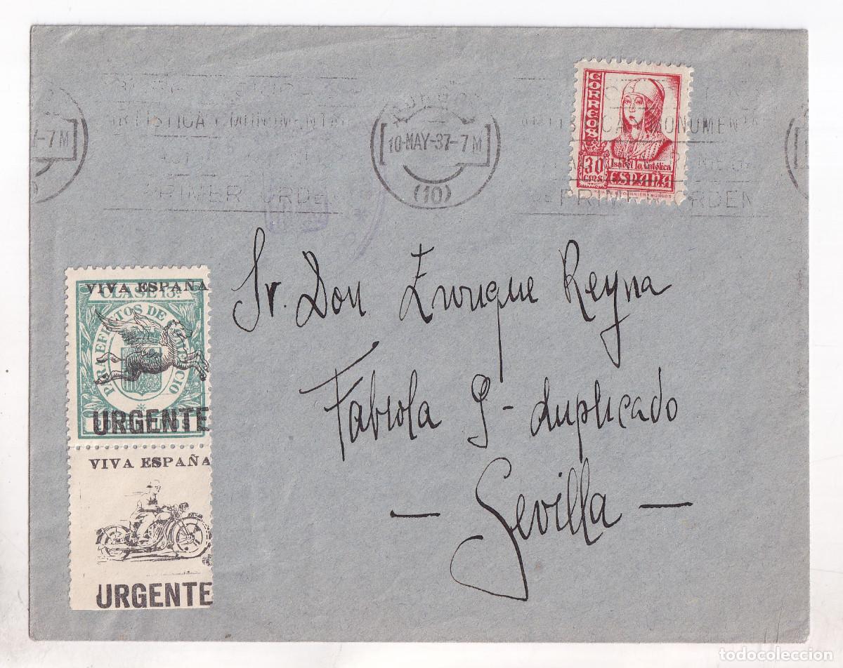 Sellos: SOBRE BURGOS A SEVILLA.1937. RODILLO. RARO PATRI&Oacute;TICO URGENTE. CENSURA MILITAR. LLEGADA