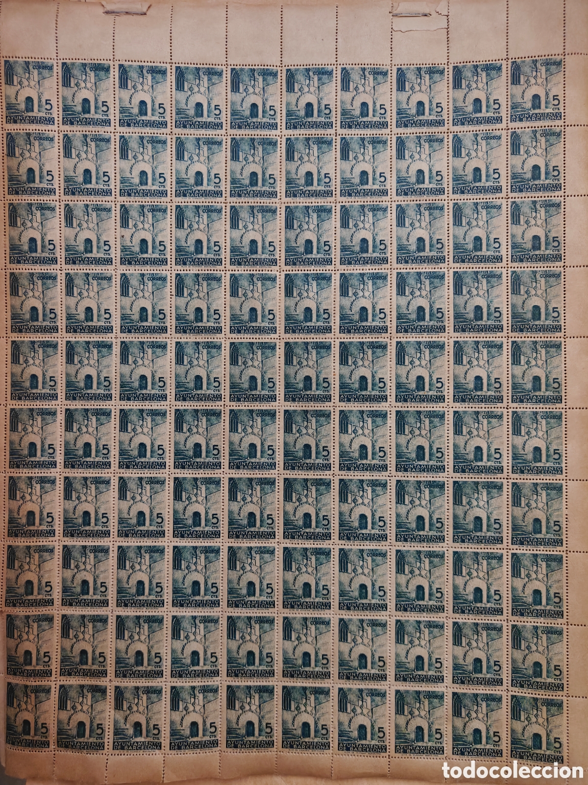 Sellos: SELLOS HOJA PLIEGO 100 SELLOS AJUNTAMENT DE BARCELONA 1938 PUERTA G&Oacute;TICA N&deg; 20