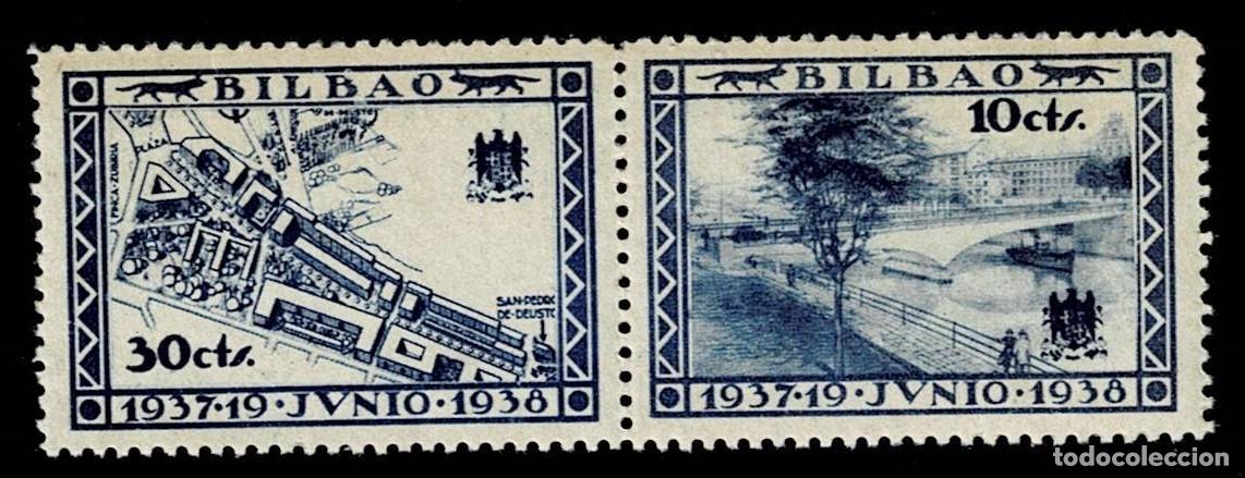 Sellos: Guerra Civil BILBAO - 1937 -19 JUNIO - 1938 VARIEDAD Fesofi n&ordm; 27 y 25 (AZUL ULTRAMAR) de 30 cts y 1