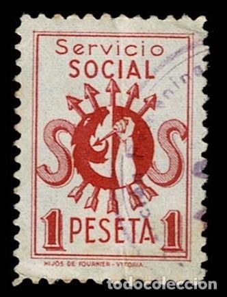 Sellos: NC1059 Guerra Civil SERVICIO SOCIAL Valor 1 peseta Color ROJO Usado VER