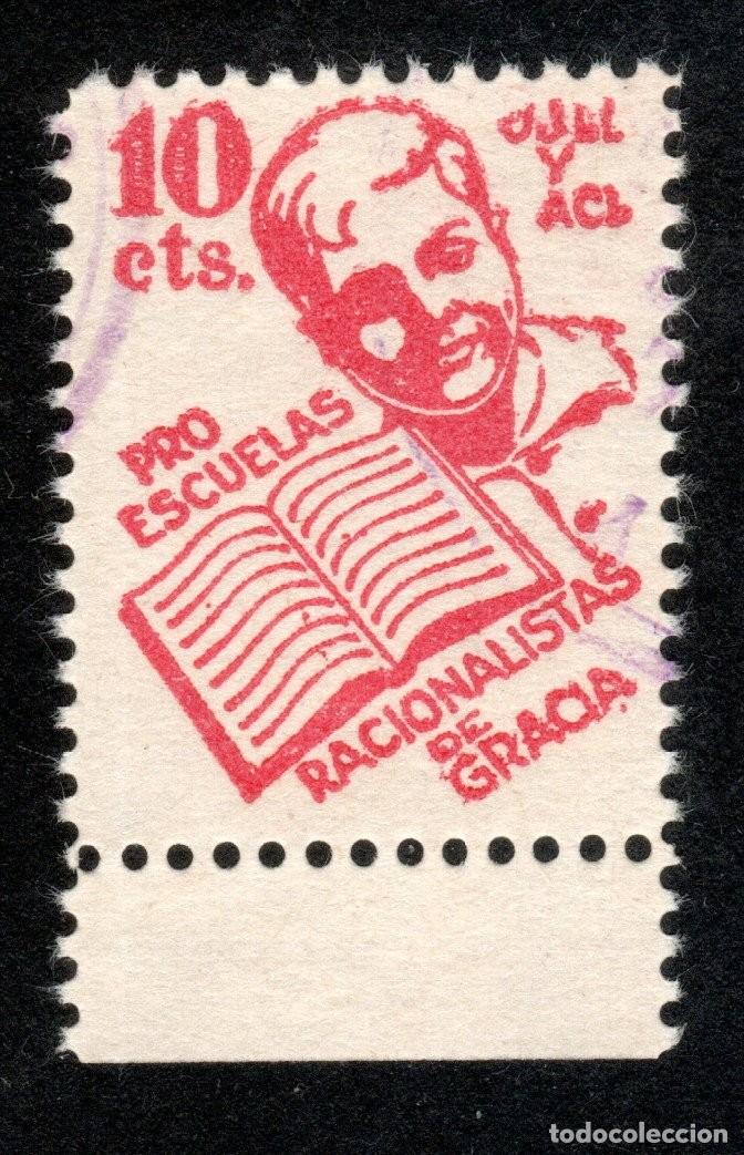 Sellos: BARCELONA. PRO ESCUELAS RACIONALISTAS DE GRACIA. JJLL Y ACL. 10 CTS. EXTREMADAMENTE RARO.