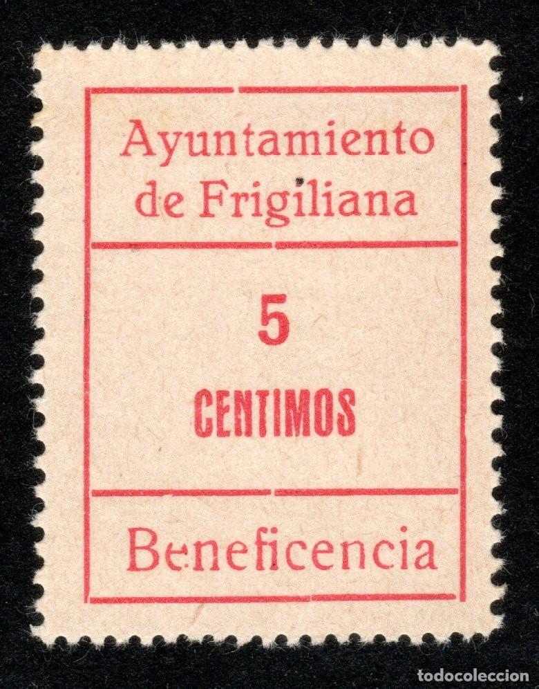 Sellos: FRIGILIANA (M&Aacute;LAGA). AYUNTAMIENTO. BENEFICENCIA. 5 C&Eacute;NTIMOS.