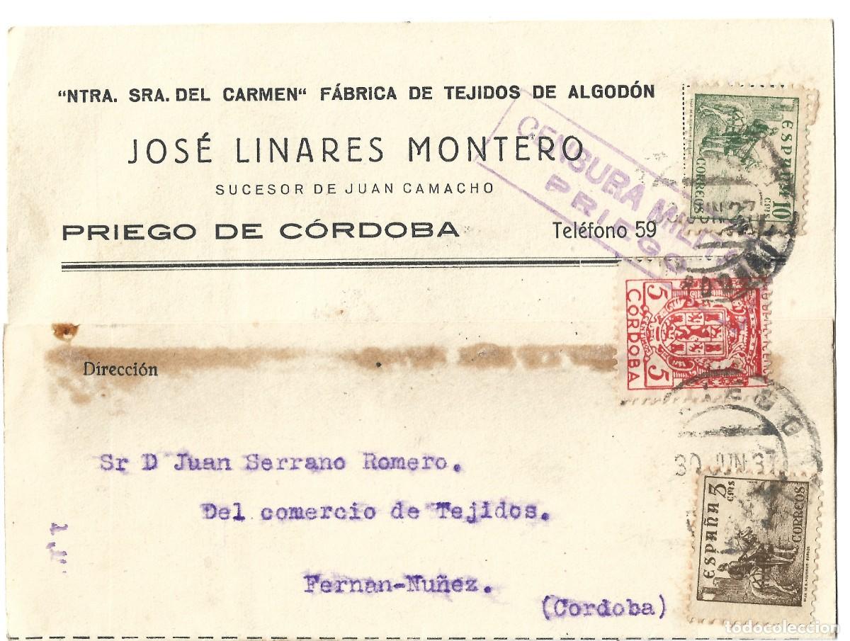 Sellos: 1937 CARTA TARJETA GUERRA CIVIL DE PRIEGO A FERN&Aacute;N NU&Ntilde;EZ, C&Oacute;RDOBA