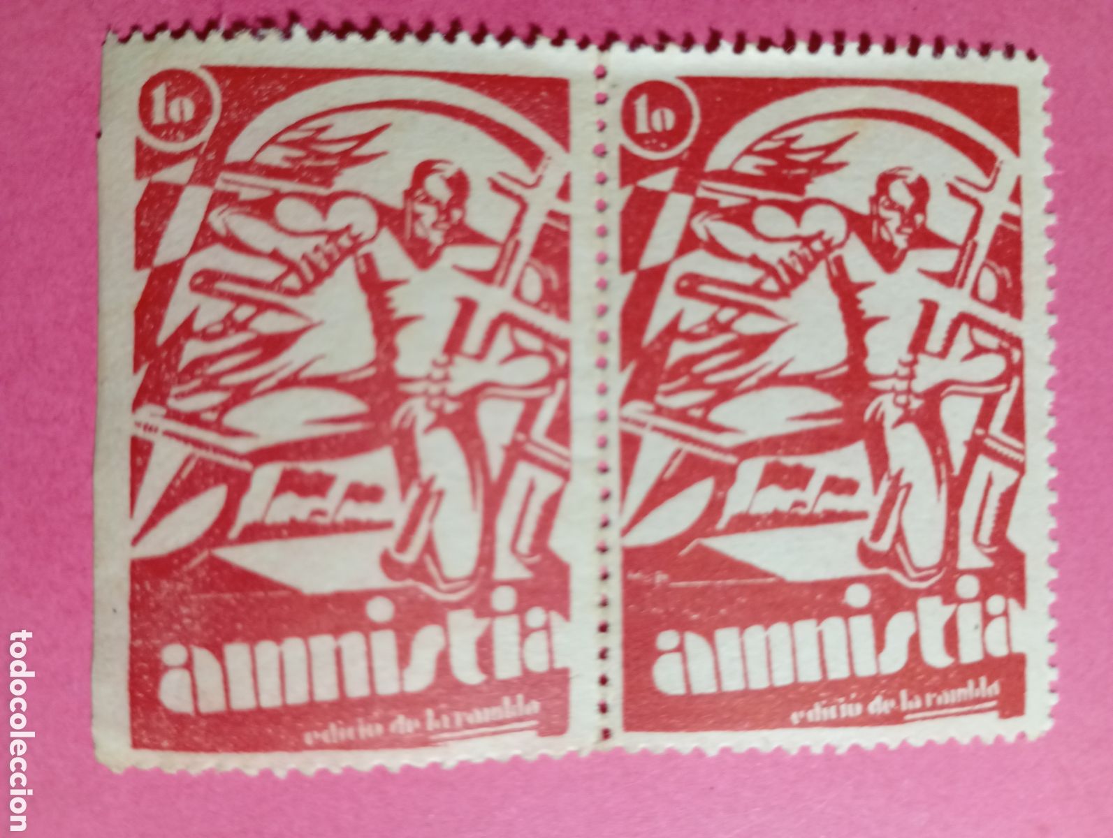 Sellos: Vi&ntilde;eta Sello Erinnofilia ''amnistia'' 10 Cs edici&oacute; de la rambla 1930 1934 cir. bloque de 2, REA16