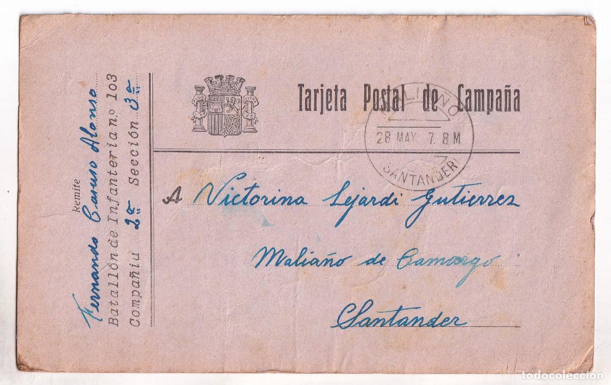 Sellos: TARJETA DE CAMPA&Ntilde;A DE SOLDADO REPUBLICANO BATALL&Oacute;N 103. 1937. A MALIA&Ntilde;O DE CAMARGO. CANTABRIA
