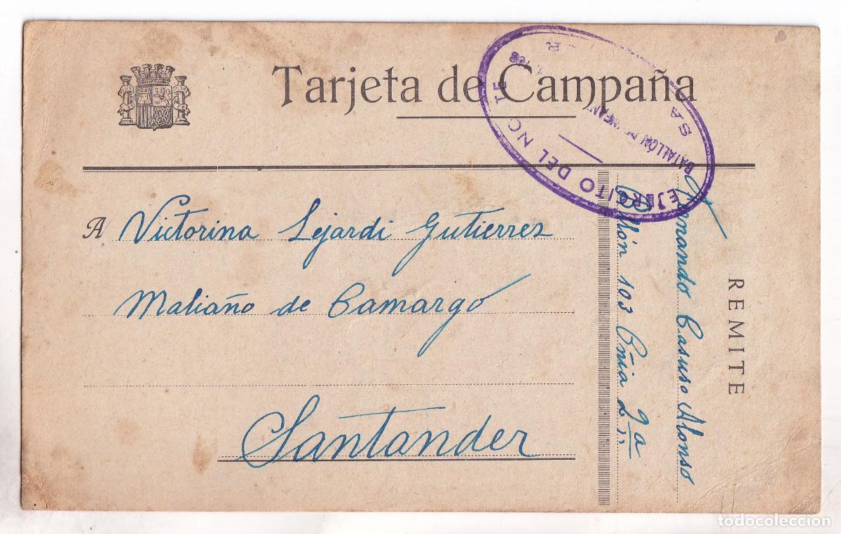 Sellos: TARJETA DE CAMPA&Ntilde;A DE SOLDADO REPUBLICANO DEL 103 BATALL&Oacute;N. 1937. A MALIA&Ntilde;O DE CAMARGO. CANTABRIA