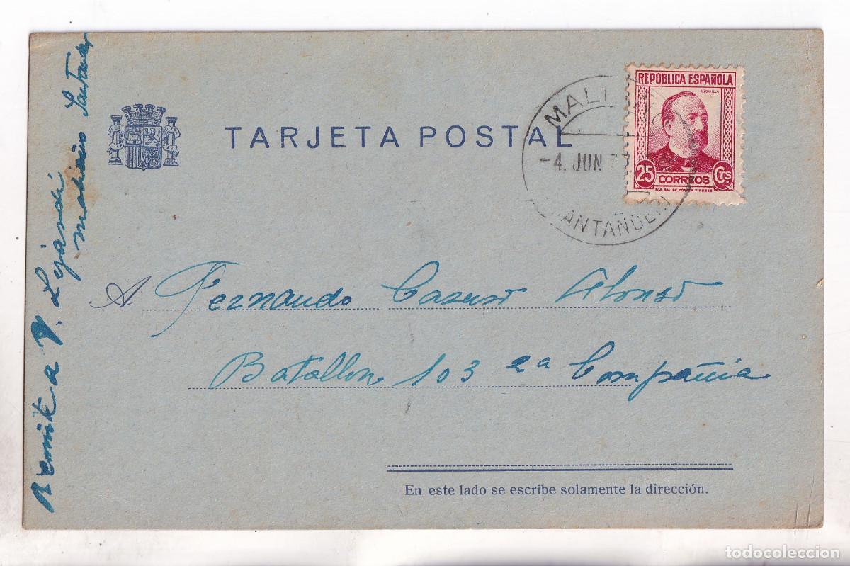 Sellos: TARJETA POSTAL DE MALIA&Ntilde;O A SOLDADO REPUBLICANO DEL BATALL&Oacute;N 103. CANTABRIA. 1937