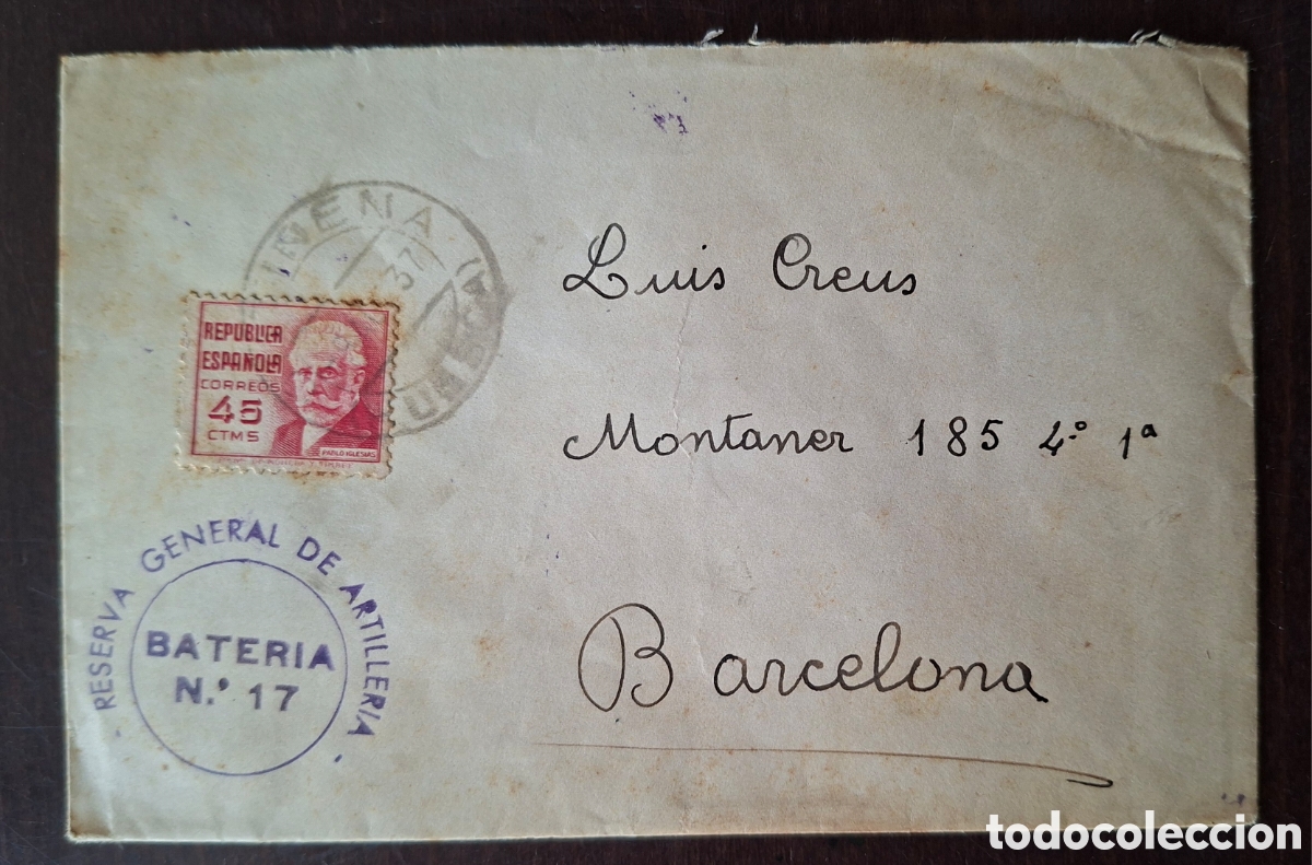 Sellos: Guerra civil Carta Reserva General de Artiller&iacute;a Huesca a Barcelona 1937