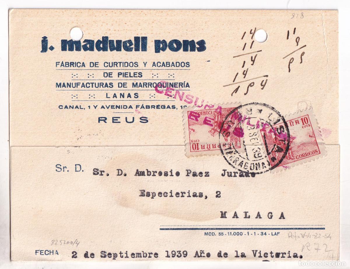 Sellos: TARJETA. LISTA REUS. TARRAGONA. 1939. CENSURA MILITAR. A M&Aacute;LAGA