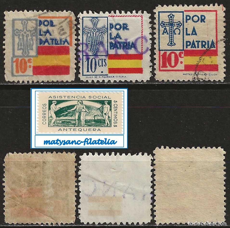 Sellos: ESPA&Ntilde;A 1936. LOTE POCO USUAL DE TRES VI&Ntilde;ETAS &rdquo;POR LA PATRIA&rdquo;. USADAS.