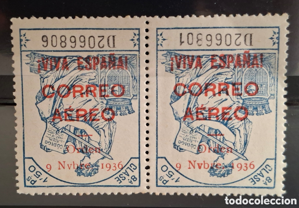 Sellos: Espa&ntilde;a Emisiones Patrioticas Burgos Fiscales pareja variedad sobrecarga invertida en rojo