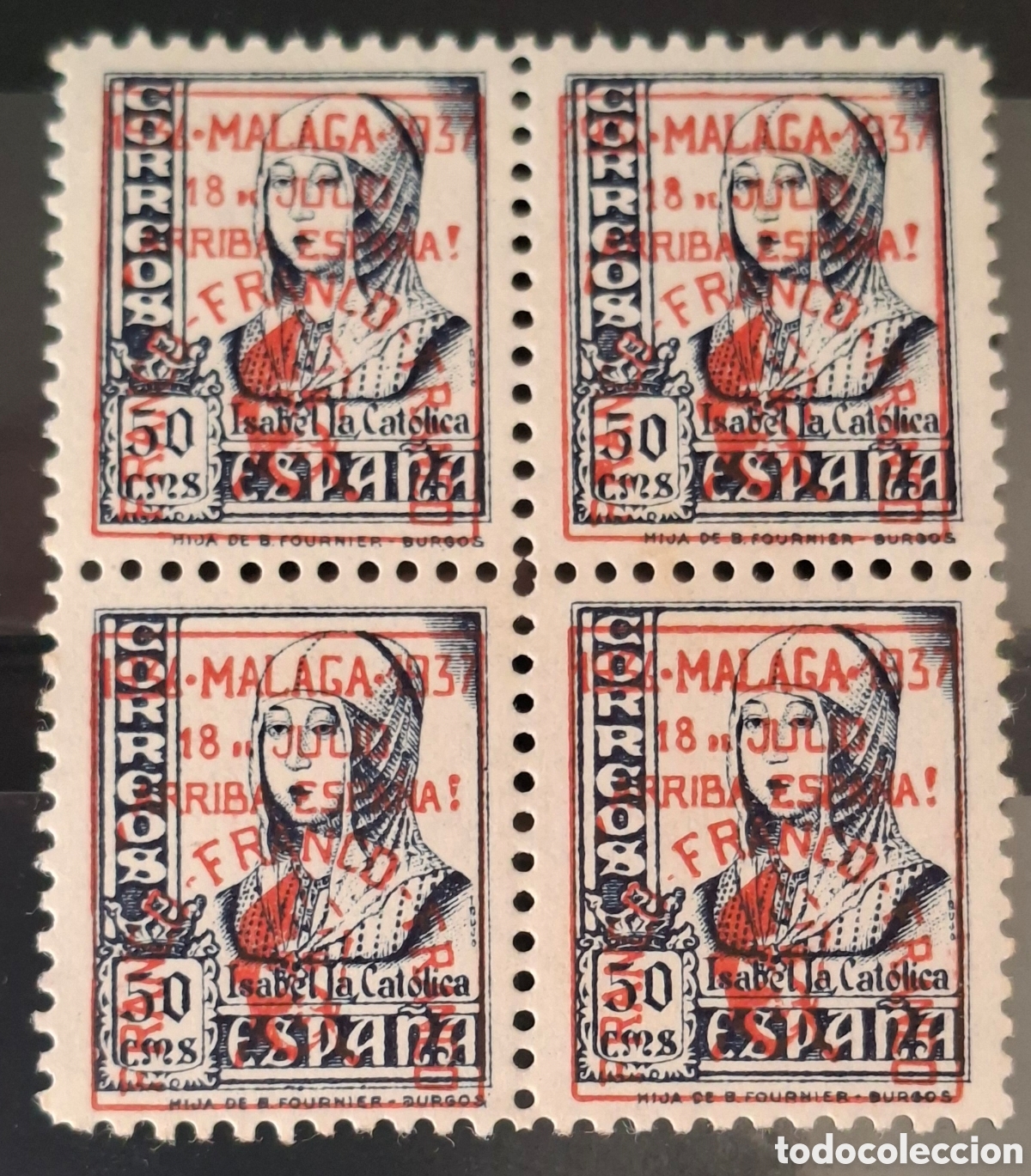 Sellos: Espa&ntilde;a Emisiones Patrioticas M&aacute;laga bloque de 4 mnh