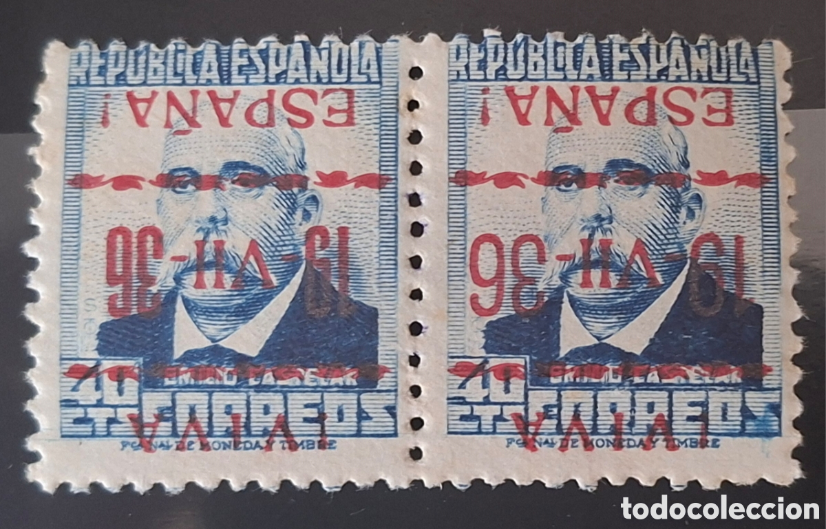 Sellos: Espa&ntilde;a Emisiones Patrioticas Vitoria pareja Sobrecarga color rojo invertida MNH