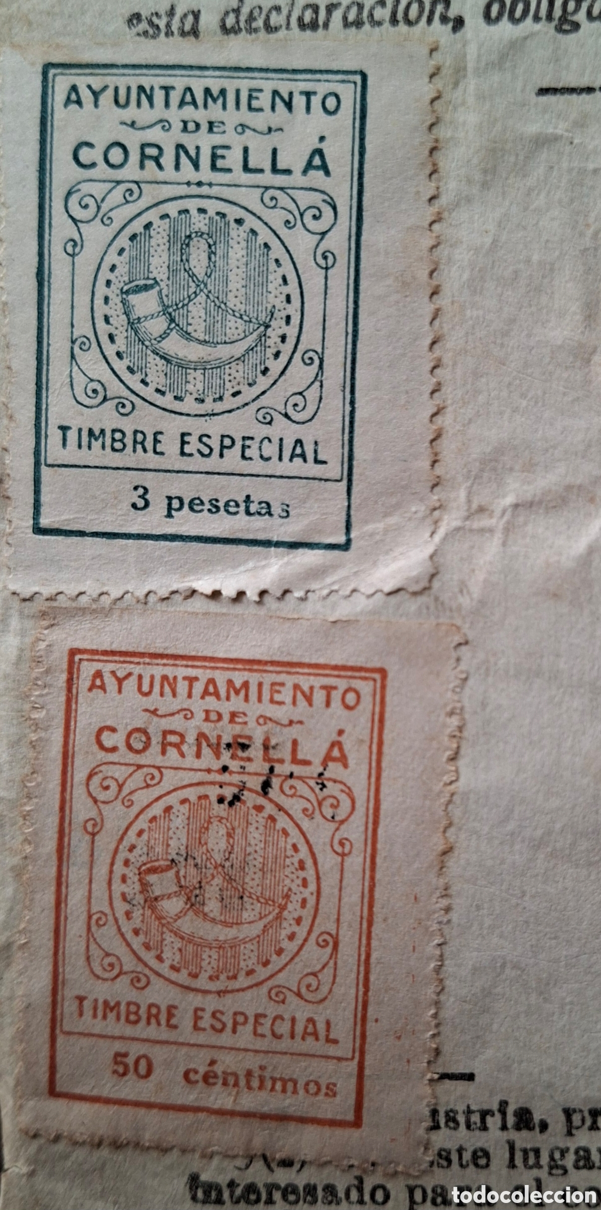 Sellos: Documento con 2 sellos ayuntamiento de cornella timbre Especial 1933