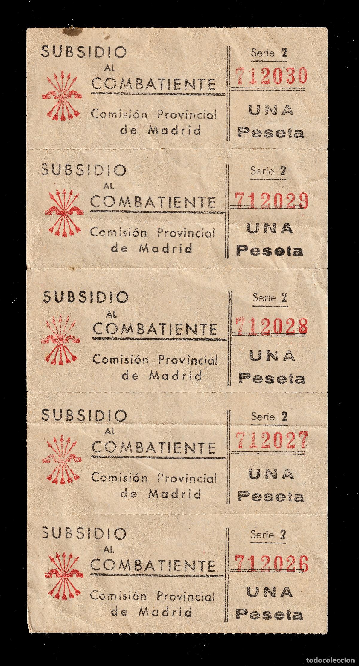 Sellos: *** MUY RARO PLIEGO X5 DE 1 PESETA DE SUBSIDIO AL COMBATIENTE DE MADRID. ALLEPUZ 28 ***