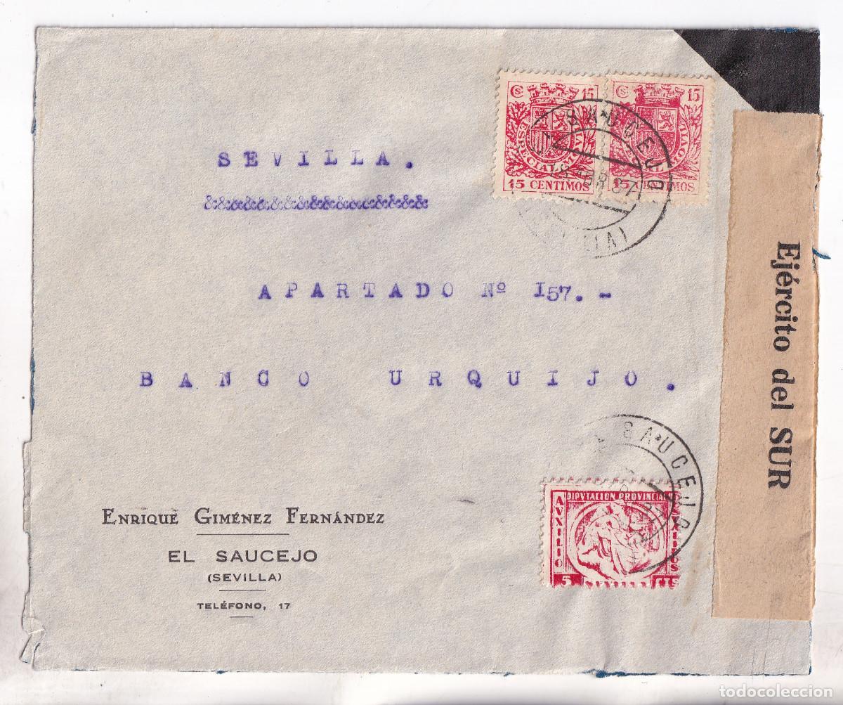 Sellos: SOBRE. EL SAUCEJO. SEVILLA. 1937. CENSURA MILITAR. SELLOS DE ESPECIAL M&Oacute;VIL Y LOCAL