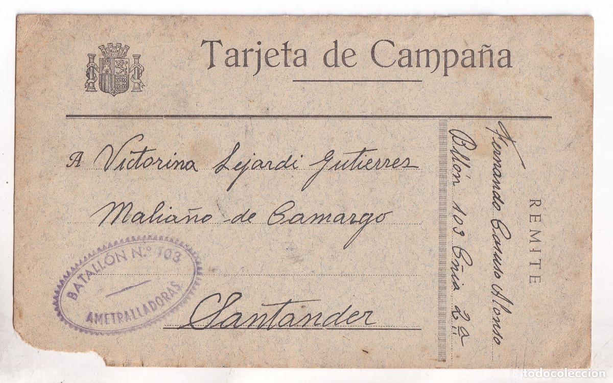 Sellos: TARJETA DE CAMPA&Ntilde;A DE SOLDADO REPUBLICANO BATALL&Oacute;N 103, CON MARCA. MALIA&Ntilde;O DE CAMARGO CANTABRIA