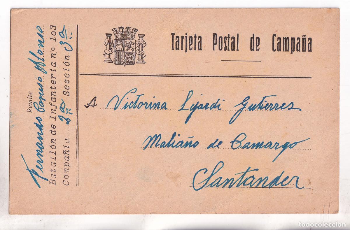 Sellos: TARJETA DE CAMPA&Ntilde;A DE SOLDADO REPUBLICANO A MALIA&Ntilde;O DE CAMARGO. 1937. CANTABRIA