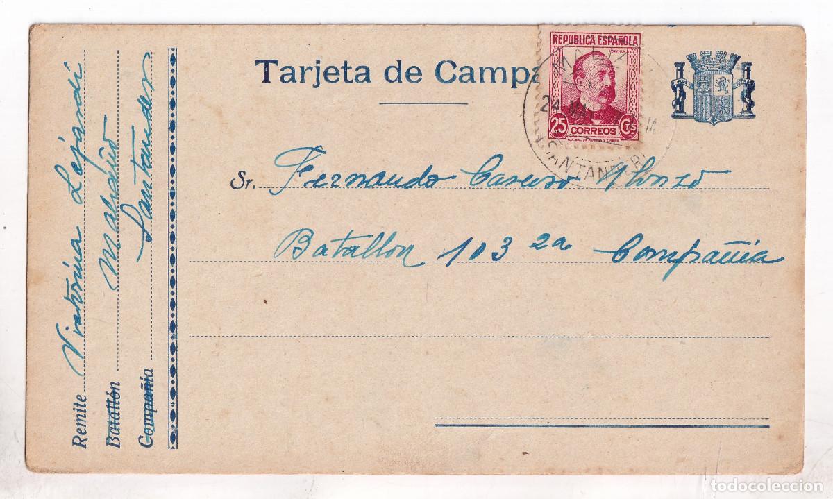 Sellos: TARJETA DE CAMPA&Ntilde;A. MALIA&Ntilde;O DE CAMARGO. CANTABRIA. 1937. A UN SOLDADO REPUBLICANO