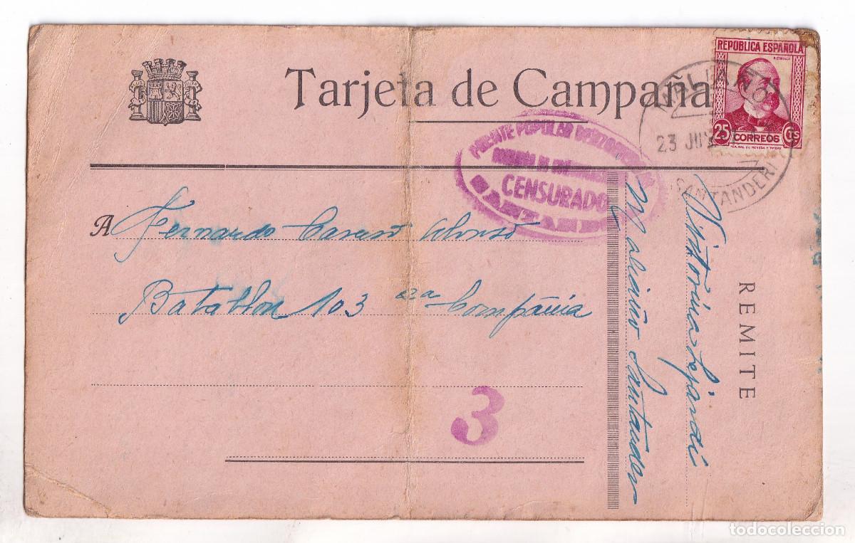 Sellos: TARJETA DE CAMPA&Ntilde;A A SOLDADO REPUBLICANO. MALIA&Ntilde;O DE CAMARGO. CANTABRIA. 1937. CENSURA REPUBLICANA