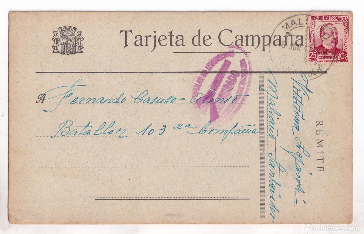 Sellos: TARJETA DE CAMPA&Ntilde;A A SOLDADO REPUBLICANO. MALIA&Ntilde;O DE CAMARGO. CANTABRIA. 1937. CENSURA REPUBLICANA