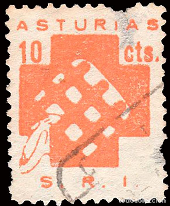 Sellos: Asturias - Guerra Civil - Em. Local Republicano - Allepuz o 12 - &rdquo;10 cts. S.R.I.&rdquo; - Descarnado