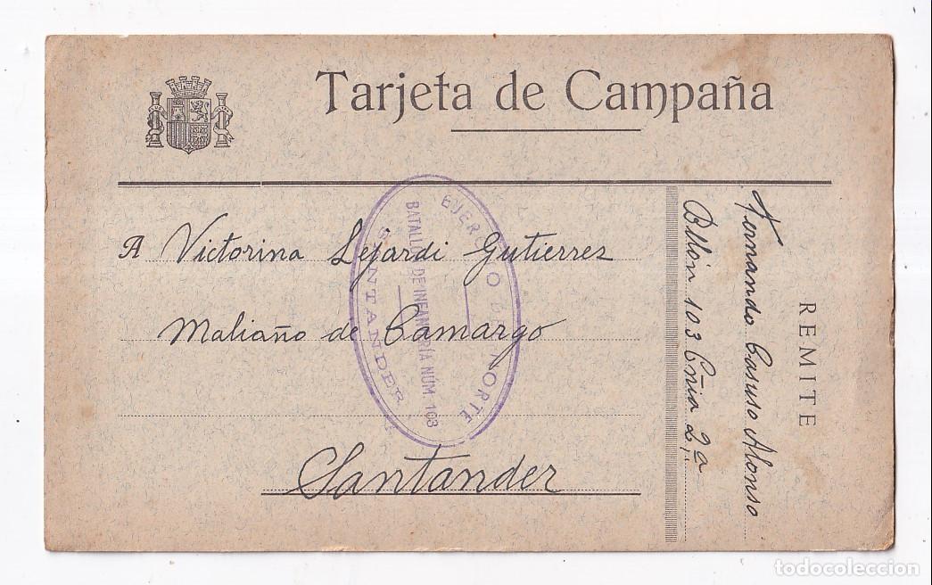 Sellos: VENDIDA. TARJETA DE CAMPA&Ntilde;A. SOLDADO REPUBLICANO. 1937 A MALIA&Ntilde;O CANTABRIA. MARCA EJ&Eacute;RCITO DEL NORTE