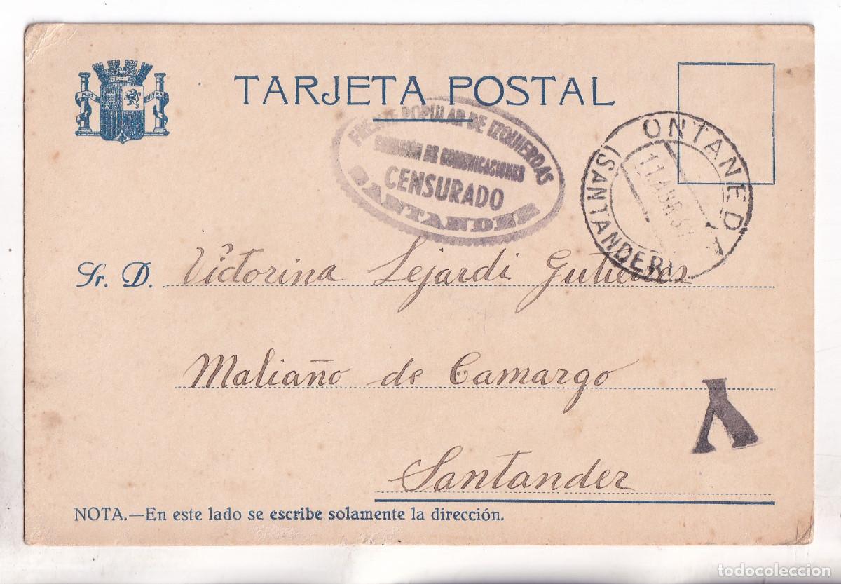 Sellos: VENDIDA. TARJETA POSTAL CORCONTE CANTABRIA. CENSURA MILITAR EN NEGRO. 1937. ONTANEDA A MALIA&Ntilde;O