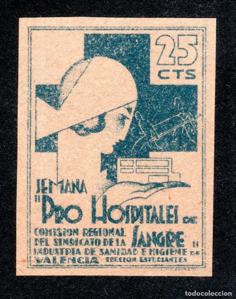 Sellos: SEMANA PRO HOSPITALES DE SANGRE. VALENCIA. 25 CTS. **EXTREMADAMENTE RARO**