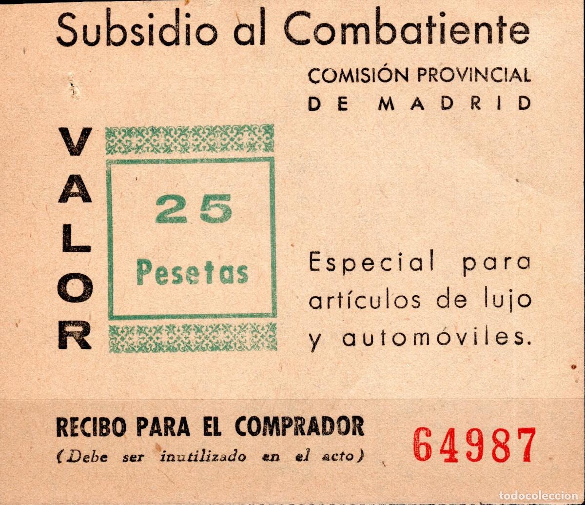 Sellos: SUBSIDIO AL COMBATIENTE. COMISI&Oacute;N PROV. BARCELONA 1939. ART&Iacute;CULOS DE LUJO Y AUTOM&Oacute;VILES. 25 PESETAS.