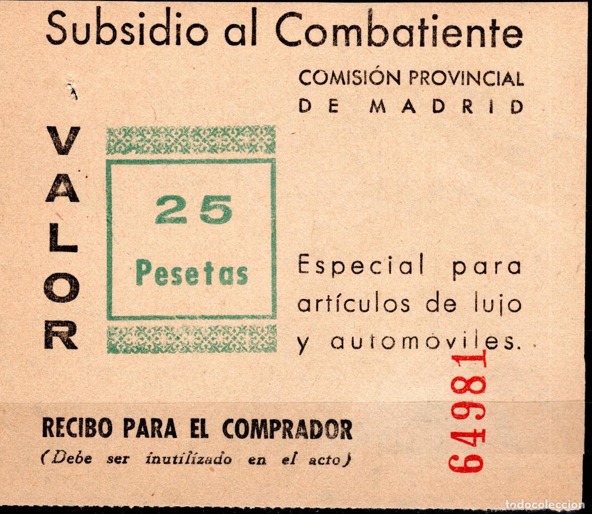 Sellos: SUBSIDIO AL COMBATIENTE. BARCELONA 1939. ART&Iacute;CULOS DE LUJO Y AUTOM&Oacute;VILES.25 PTAS. (VARIEDAD..N&Uacute;MERO)