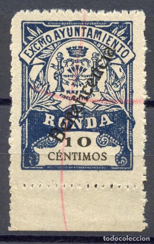 Sellos: ESPA&Ntilde;A. GUERRA CIVIL. RONDA. SOFIMA 7A. SOBRECARGA BENEFICENCIA SOBRE MUN. DE 10 CTS. AZUL