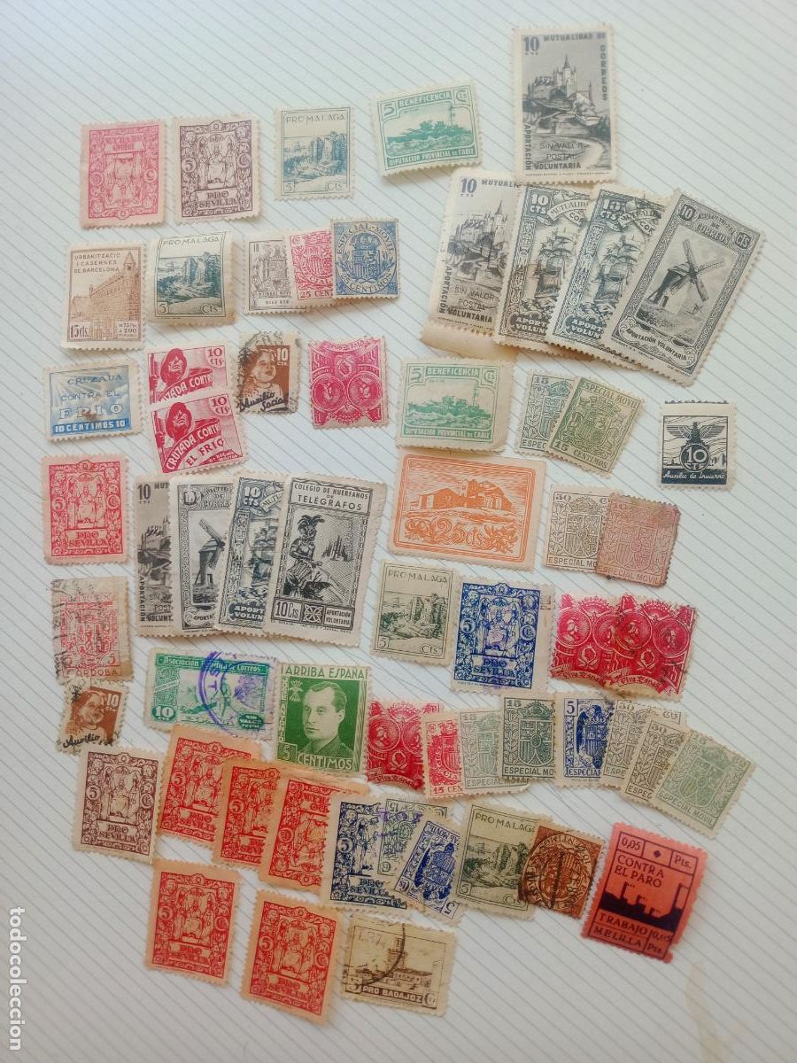 Sellos: 56 vi&ntilde;etas, timbres, fiscales, guerra civil, locales, beneficencia, contra el paro, timbre m&oacute;vil