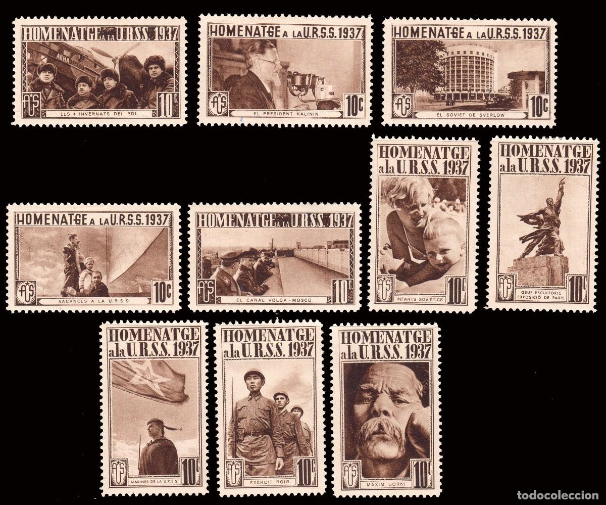 Sellos: Espa&ntilde;a - Guerra Civil - Vi&ntilde;etas Pol&iacute;ticas - Allepuz * 130+.. - 10 valores color casta&ntilde;o &rdquo;Homenatge..