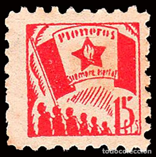 Sellos: Espa&ntilde;a - Guerra Civil - Vi&ntilde;etas Pol&iacute;ticas - Allepuz ** 552 - &rdquo;15 cts. Pioneros y bandera&rdquo;