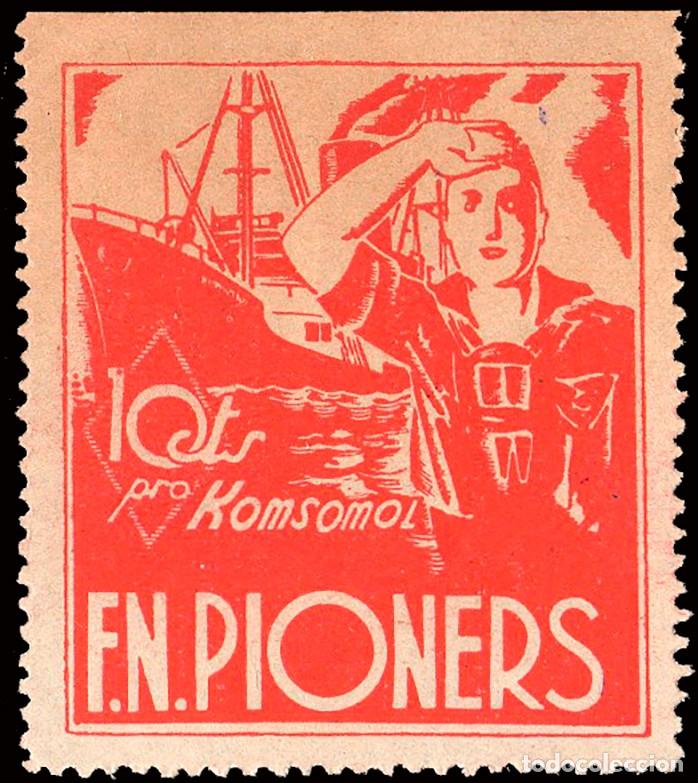 Sellos: Espa&ntilde;a - Guerra Civil - Vi&ntilde;etas Pol&iacute;ticas - Allepuz * 604a - Variedad color -&rdquo;10 cts. Pioners&rdquo;