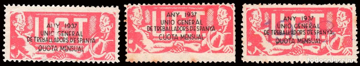 Sellos: Espa&ntilde;a - Guerra Civil - Vi&ntilde;etas Pol&iacute;ticas - Allepuz * 758/60 - Uni&oacute; General de Trebaladores..