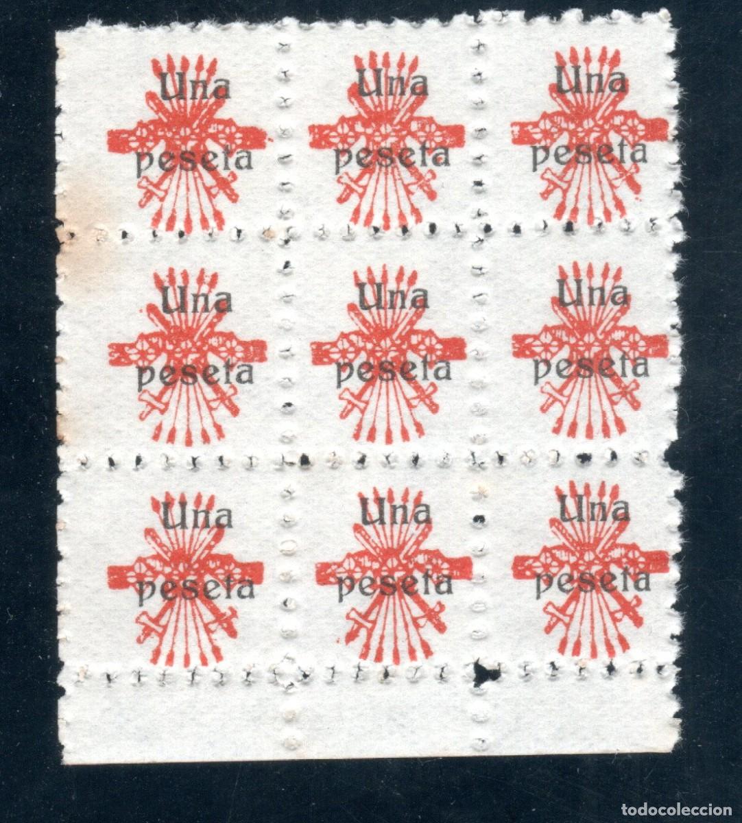 Sellos: FALANGE. YUGO Y FLECHAS. 1 PESETA (BLOQUE DE 9). MNH **
