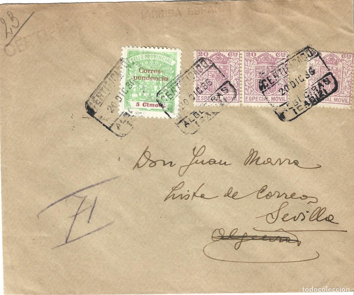 Sellos: 1936 (dic) carta guerra civil Algeciras, C&aacute;diz a Sevilla excelente franqueo especial m&oacute;vil 20c (x3)
