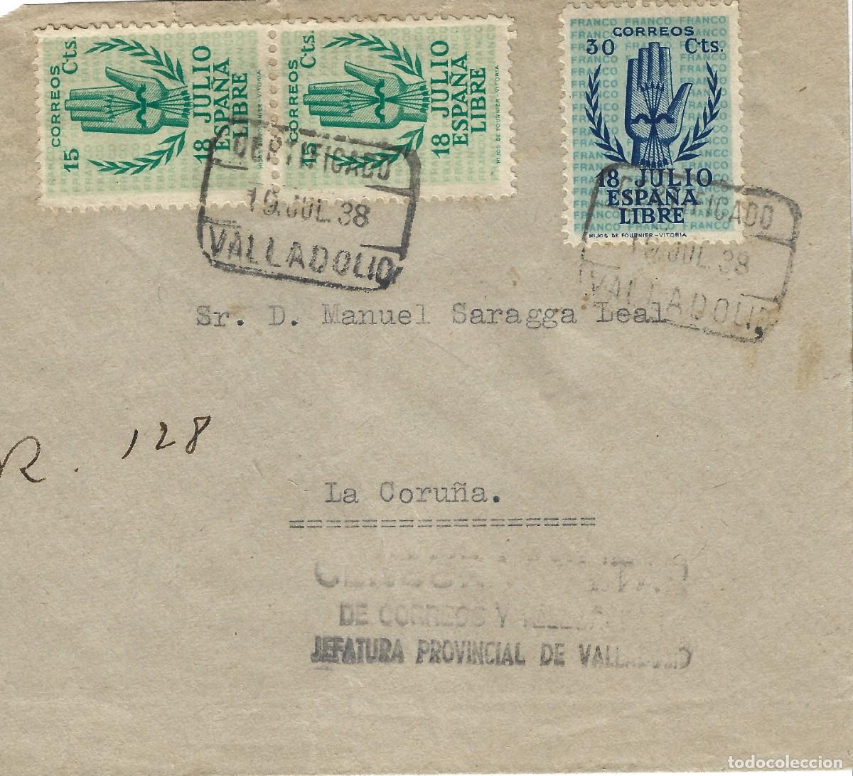 Stamps: 1938 (19 jul) carta guerra civil Valladolid franqueo 15c (x2) + 30c II Aniversario Alzamiento
