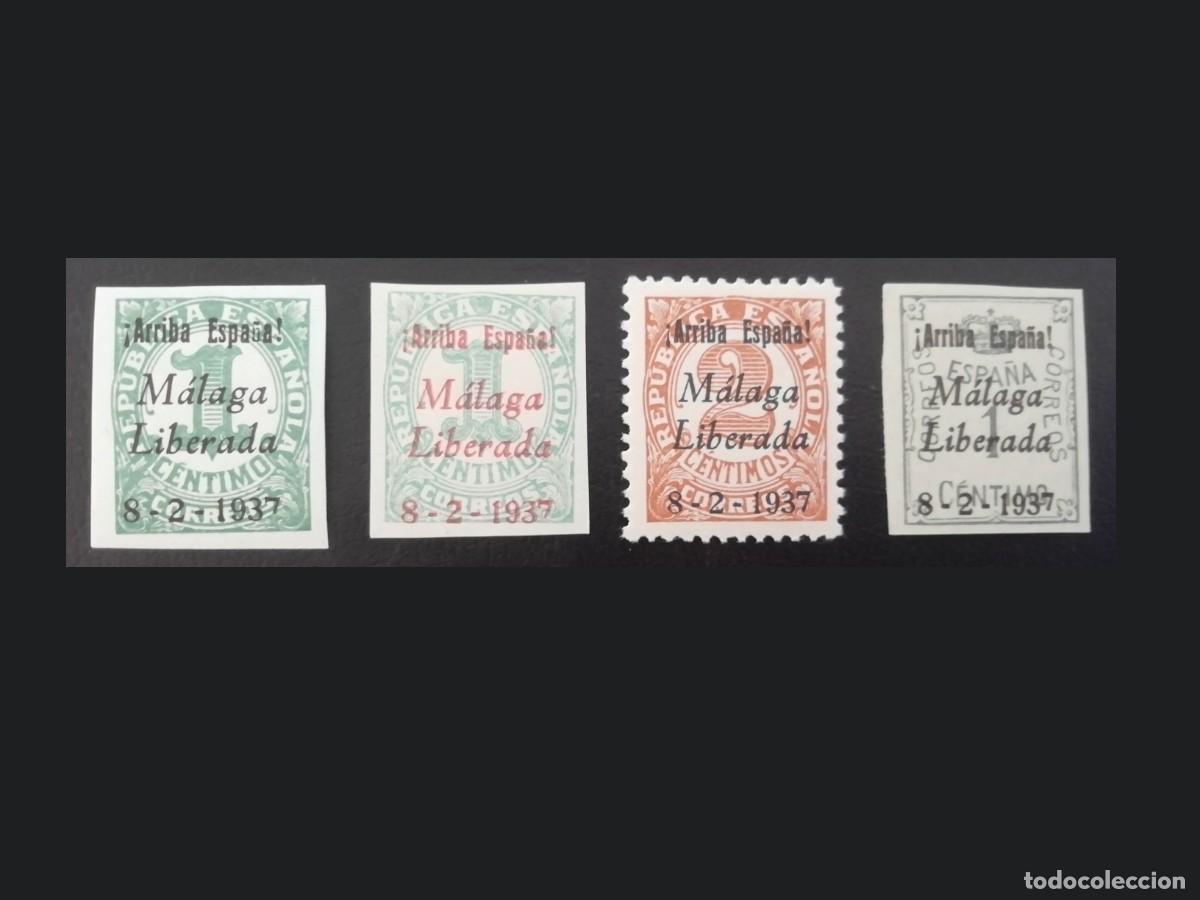 Sellos: 4 sellos marquillados de emisiones locales patri&oacute;ticas de M&aacute;laga de 1937
