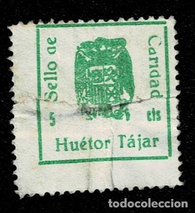 Sellos: Guerra Civil HUETOR TAJAR Sello de CARIDAD Fesofi n&ordm; 19 Color VERDE MANZANA Defectuoso REPARADO VER