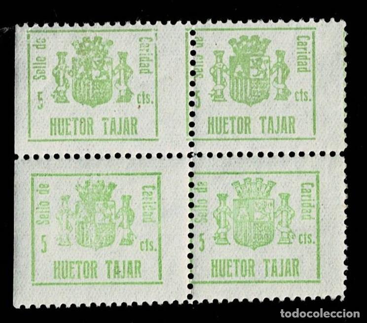 Sellos: Guerra Civil HUETOR TAJAR Sello de CARIDAD Fesofi n&ordm; 7 BLOQUE DE 4 Color VERDE AMARILLO Sin fijasell