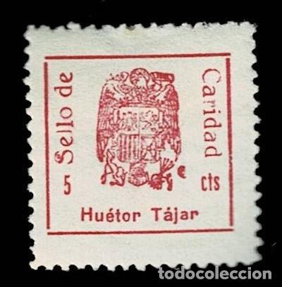 Sellos: Guerra Civil HUETOR TAJAR Sello de CARIDAD Edifil N&ordm; 10e Color CARMIN Variedad LEYENDA CORTA (NO C